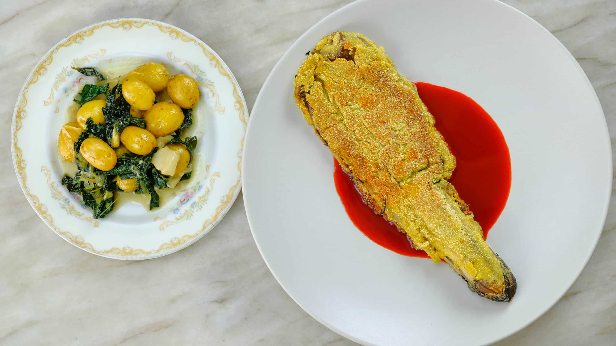 CORNMEAL CRUSTED EGGPLANT WITH BRAISED KALEAND POTATOES II_ CORNMEAL CRUSTED EGGPLANT WITH BRAISED KALE AND POTATOES II_