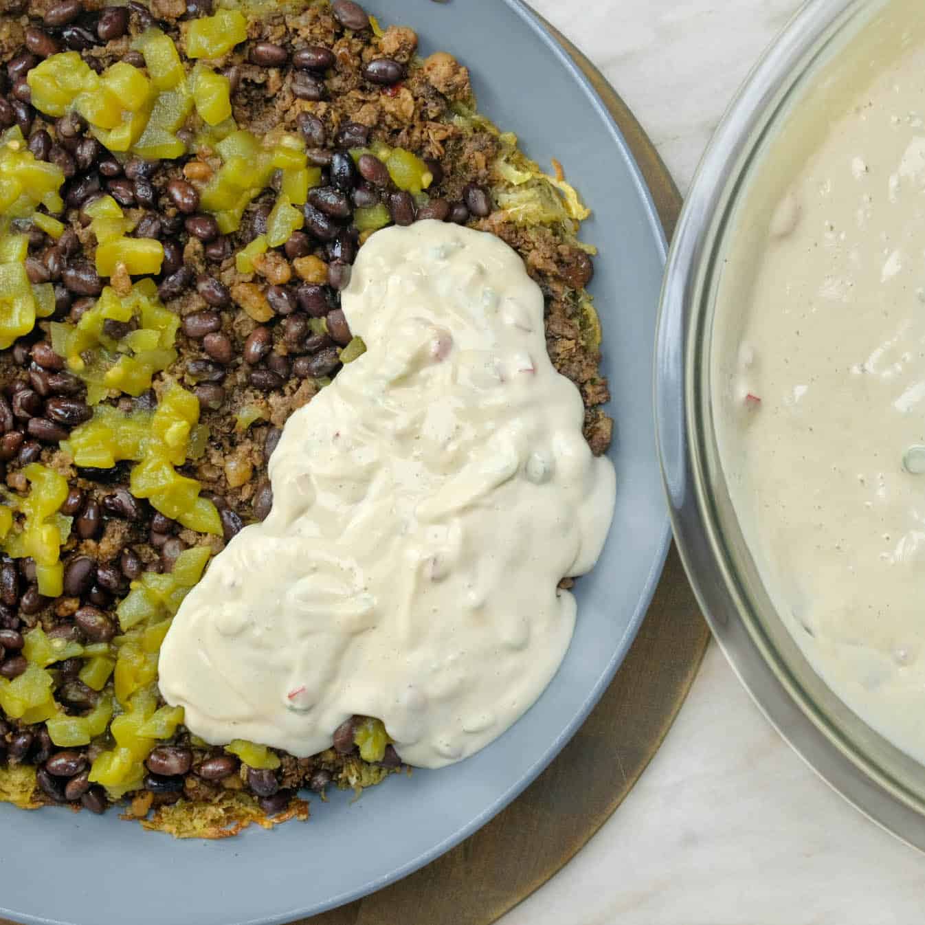 breakfast casserole with vegan ground meat, hash browns, black beans, tofu egg souffle breakfast casserole with vegan ground meat, hash browns, black beans, tofu egg souffle