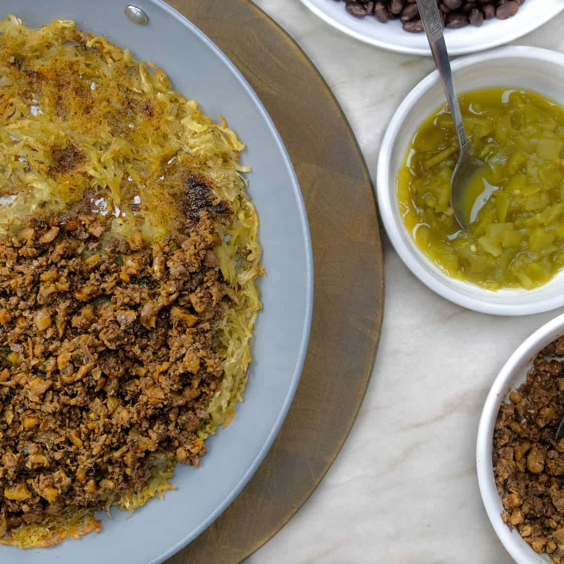 breakfast casserole with vegan ground meat, hash browns