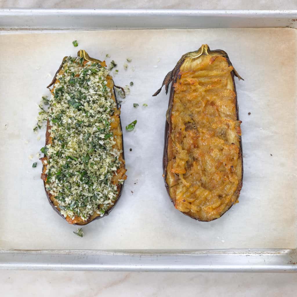 roasted eggplant with garlic confit, Thai Basil bread crumbs