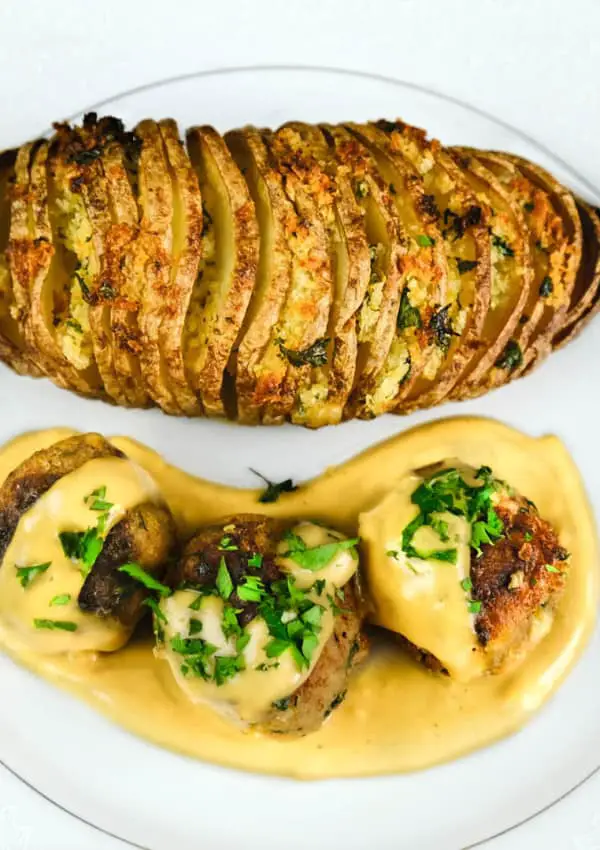 vegan swedish meatballs with hasselback potato