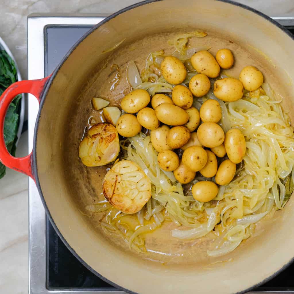 COOKING ONIONS, GARLIC AND POTATOES FOR BRAISED TUSCAN KALE AND BABY DUTCH POTATOES INGREDIENTS_