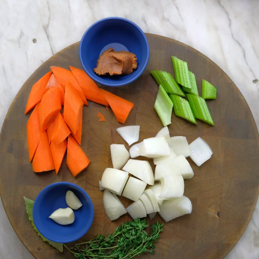 CARROTS, CELERY, ONIONS, RED MISO, THYME, AND BAY FOR BRAISING BEET BOURGUIGNON INGREDIENTS