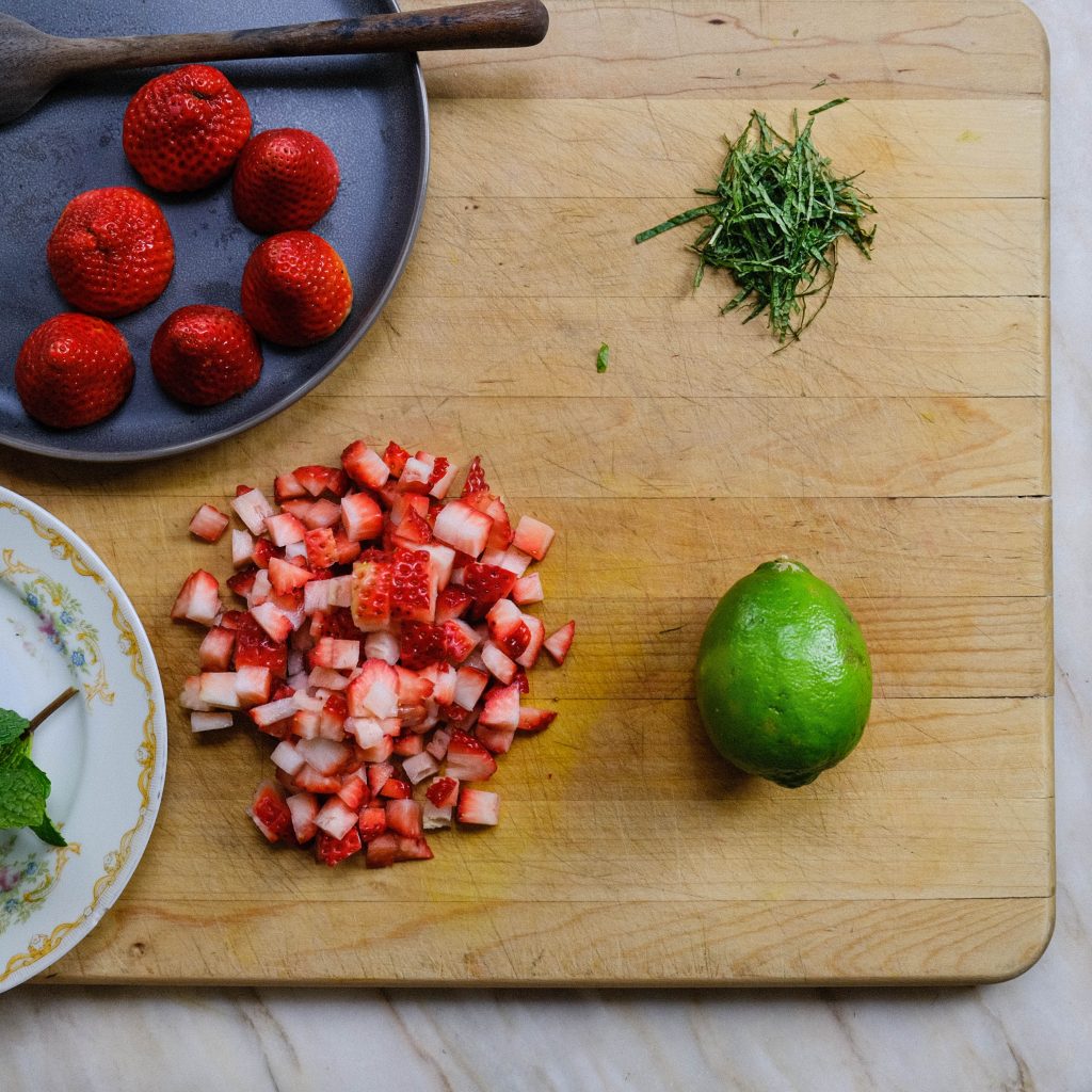 DICED STRAWBERRIES, CHOPPED MINT FOR STRAWBERRY MINT SALAD