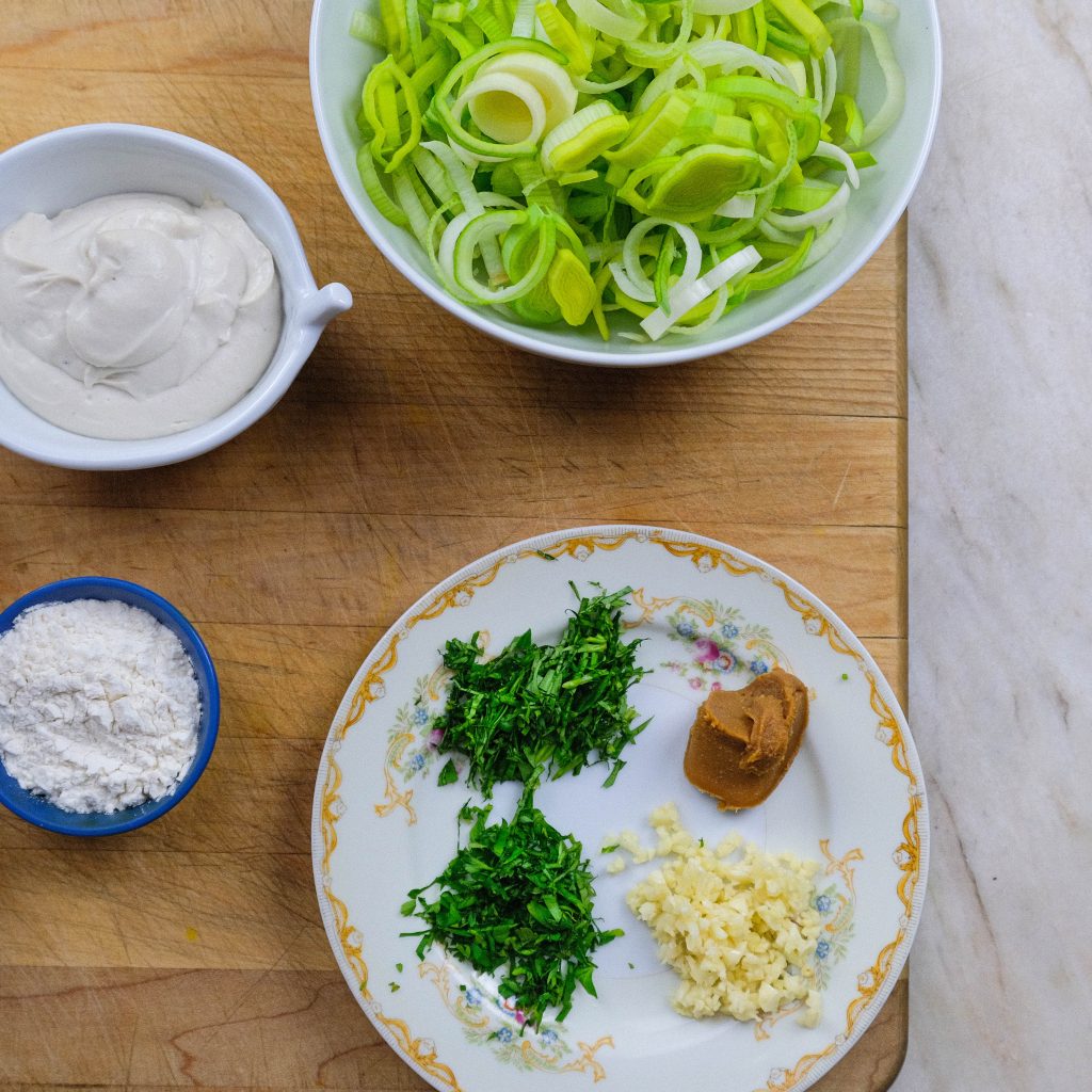 LEEKS, YELLOW MISO, CASHEW CREAM, PARSLEY, TARRAGON_