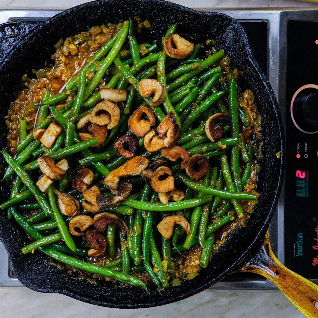 COOKED BANGLADESHI GREEN BEANS WITH VEGAN SHRIMP STIR FRY