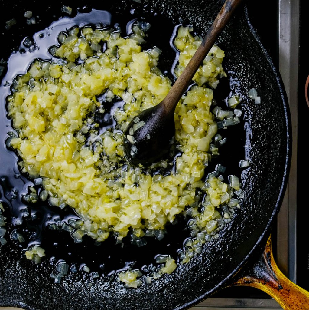 COOKING ONIONS AND GARLIC FOR VEGAN SHRIMP STIR FRY