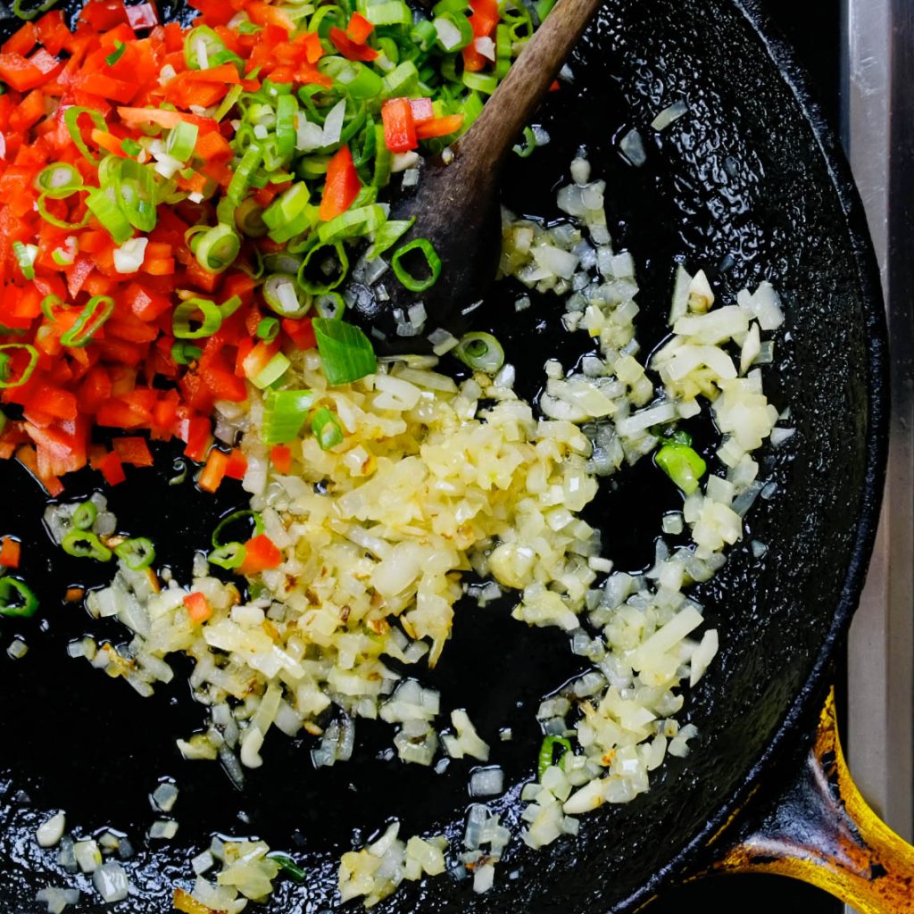 COOKING ONIONS, GARLIC, RED BELL PEPPERS Korean Sloppy Joes