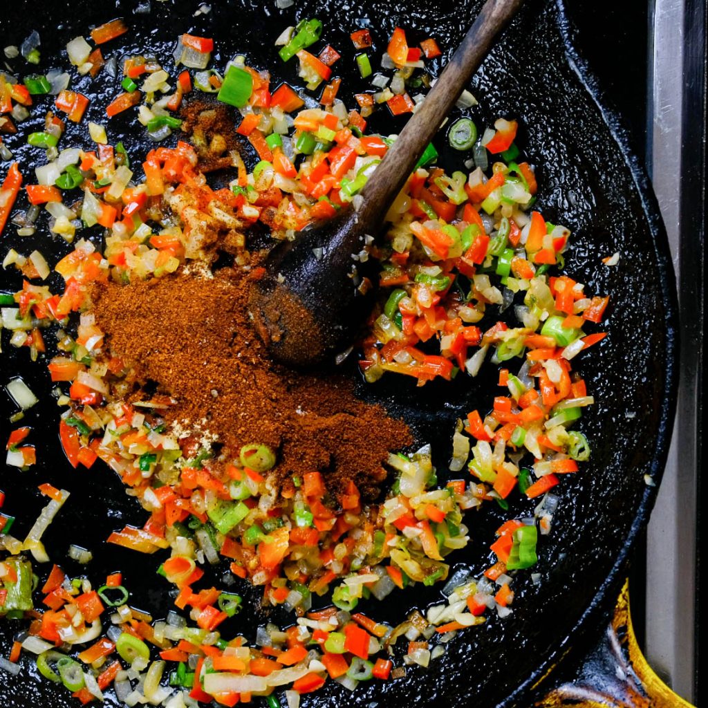 COOKING ONIONS, GARLIC, RED BELL PEPPERS, SPICES Korean Sloppy Joes