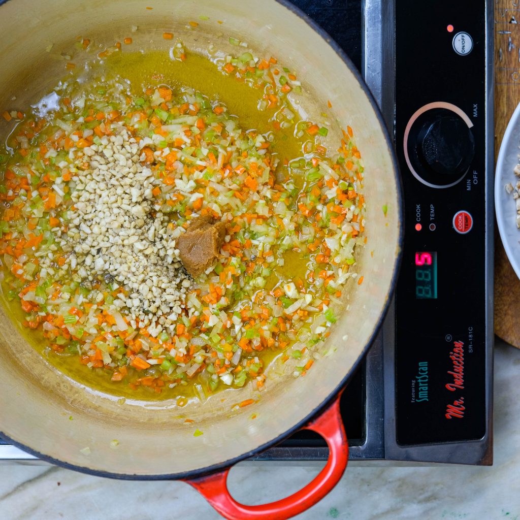 COOKING CELERY, CARROT ONION, CASHEWS, RED MISO FOR MUSHROOM BOLOGNESE