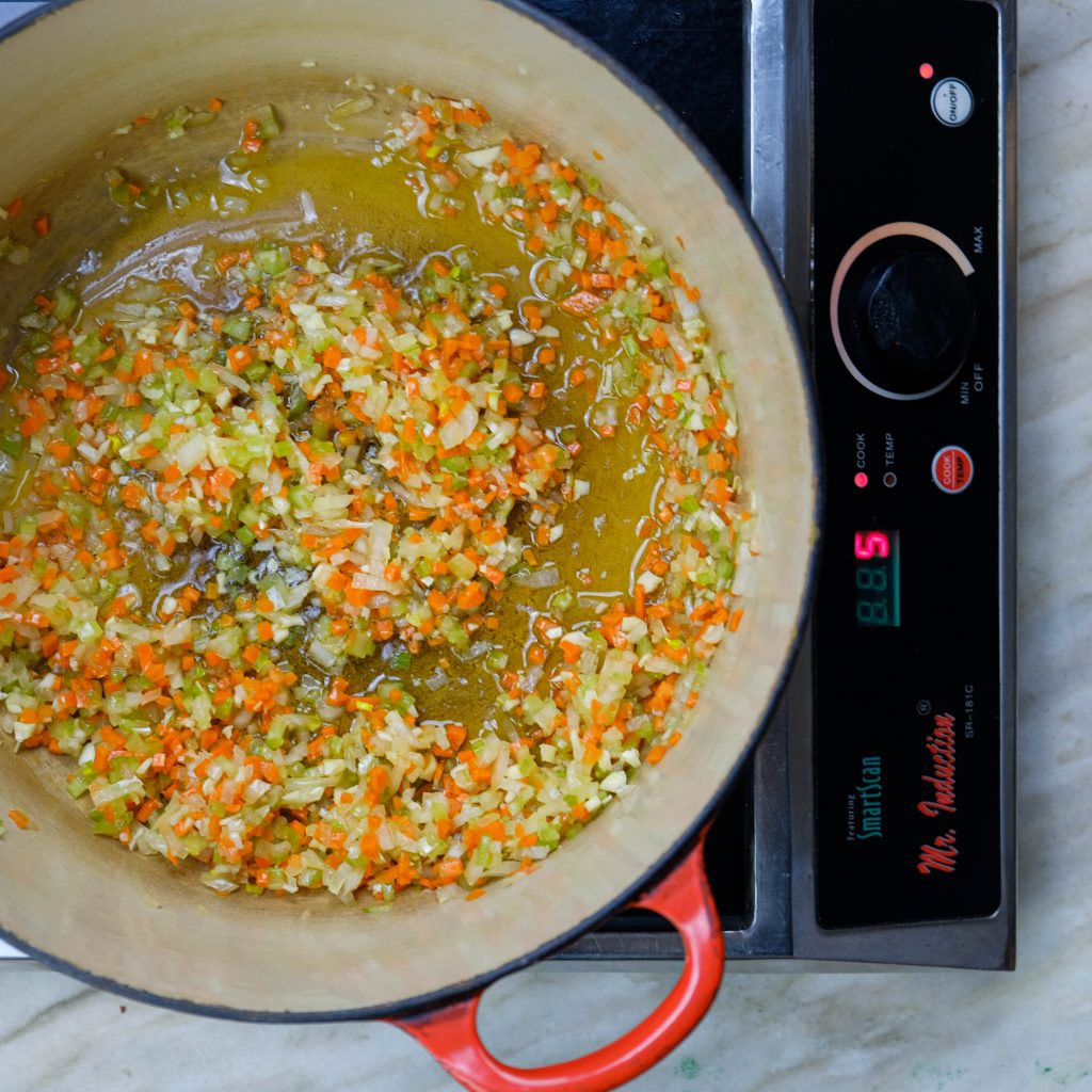 COOKING CELERY, CARROT ONION FOR MUSHROOM BOLOGNESE