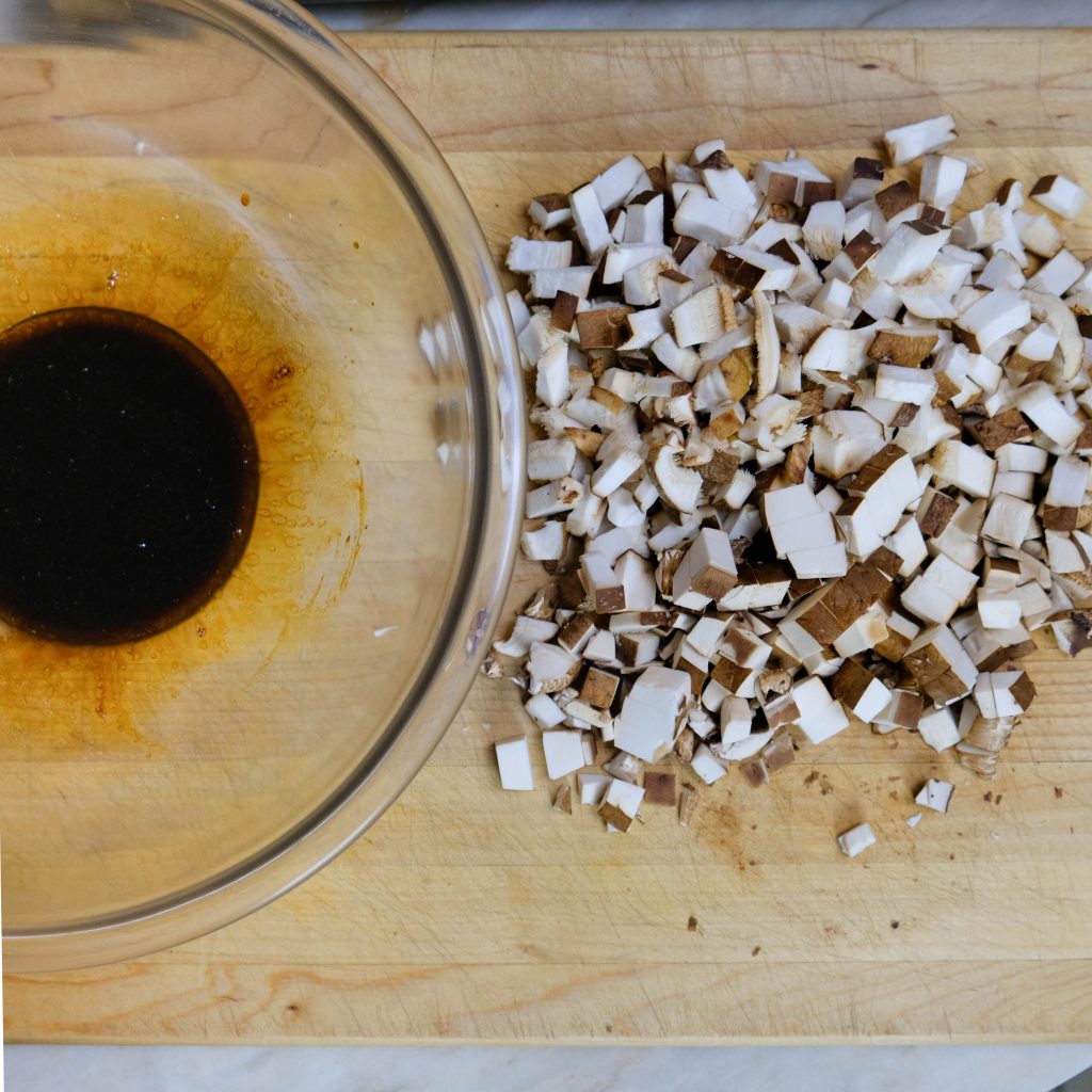 DICED PORTOBELLO AND SHIITAKE. MOLASSES AND LIQUID SMOKE MARINADE