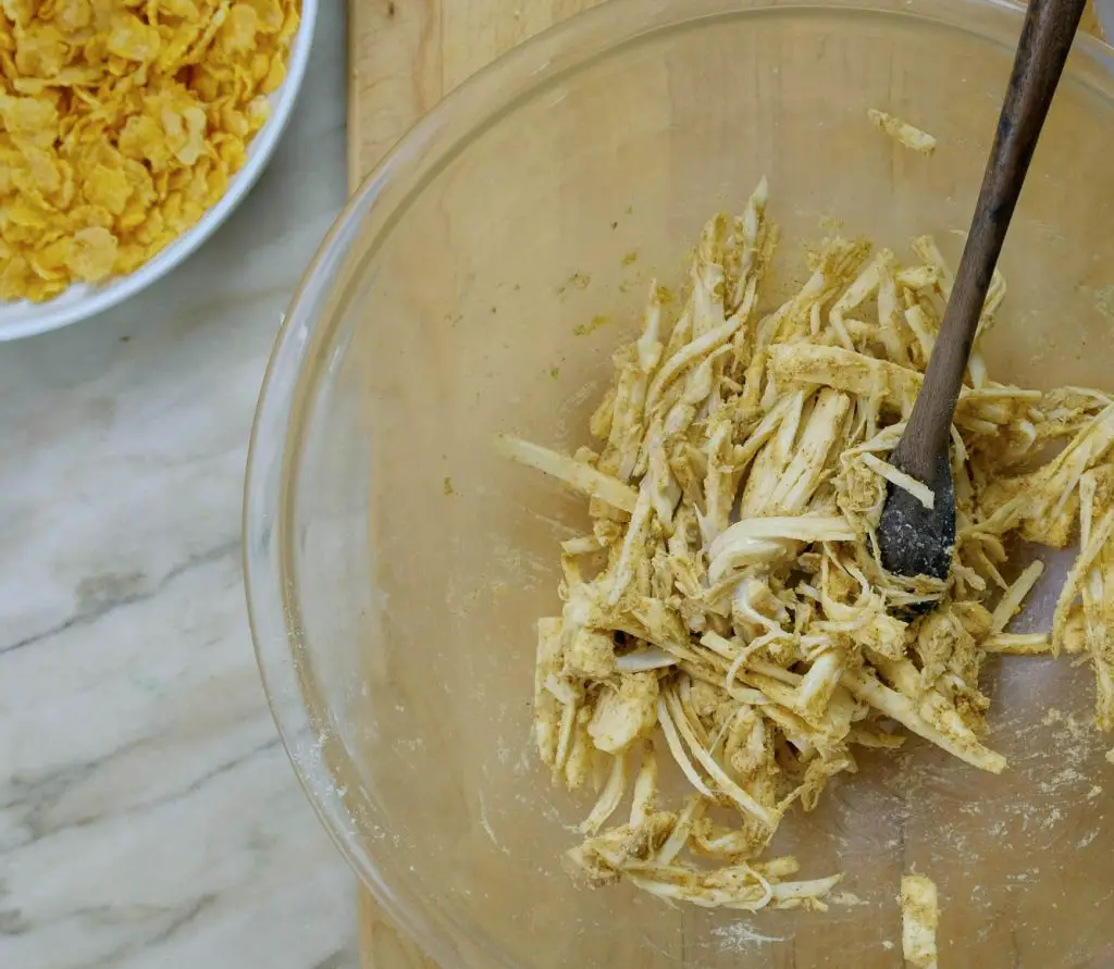 SHREDDED KING OYSTER MUSHROOM, SPICE , GARBANZO BEAN FLOUR MIXED WITH PLANT MILK